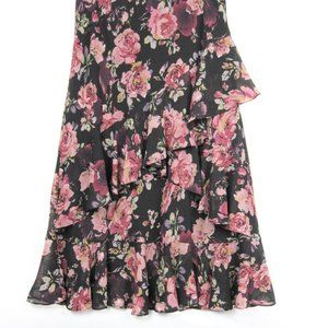 Chaps Women's Black Pink Floral Chiffon Skirt Sz S